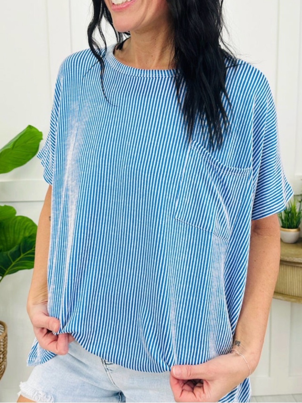 Zenana Relaxed Blue Stripe Short Sleeve Pocket Tee